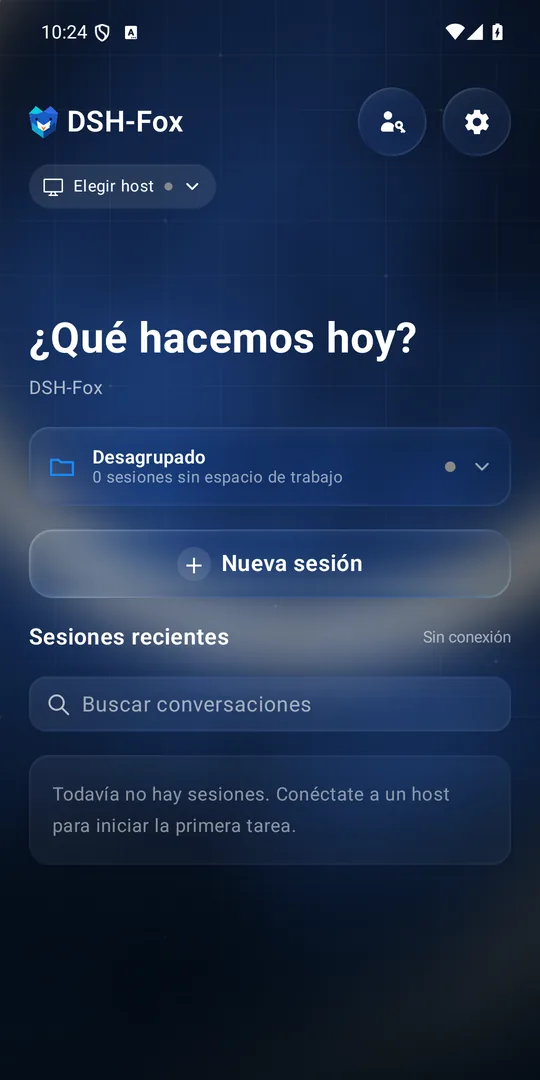 Pantalla de inicio de la app DSH-Fox en el móvil, en modo oscuro, con selector de equipo, botón de nueva sesión y sesiones recientes