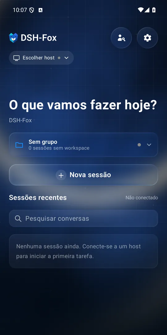 Tela inicial do app DSH-Fox no celular, em modo escuro, com seletor de computador, botão de nova sessão e sessões recentes