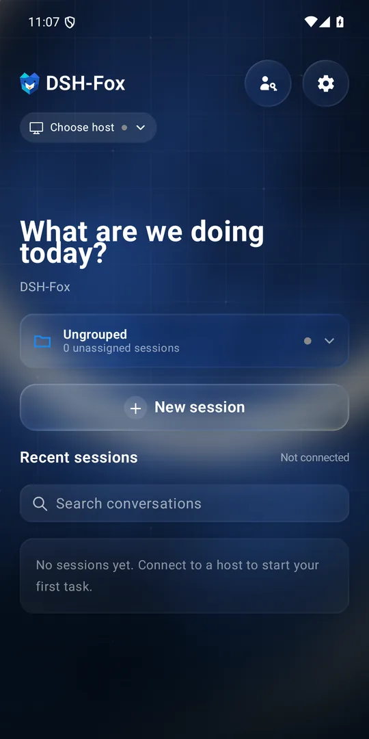 DSH-Fox mobile app home screen in dark mode, with host picker, new session button and recent sessions