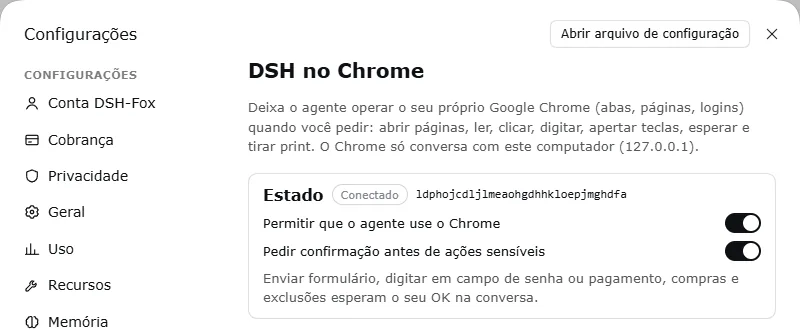 DSH in Chrome settings on the PC (interface shown in Portuguese): connected status, permission to use Chrome and confirmation before sensitive actions turned on